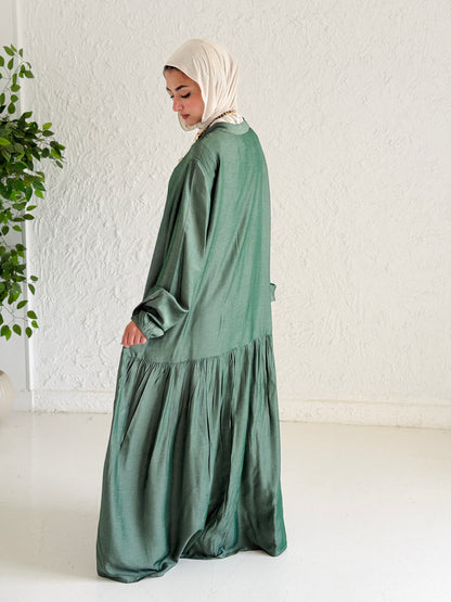 Glow Button Dress In Forest Olive