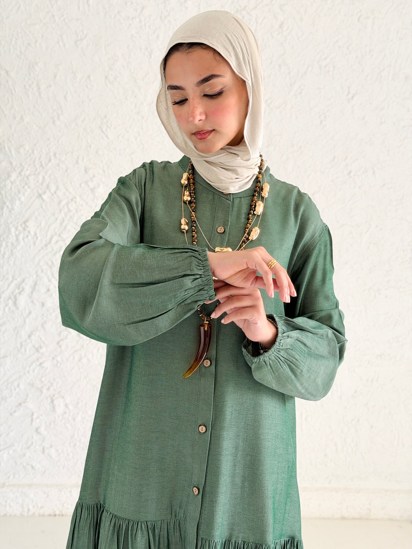 Glow Button Dress In Forest Olive
