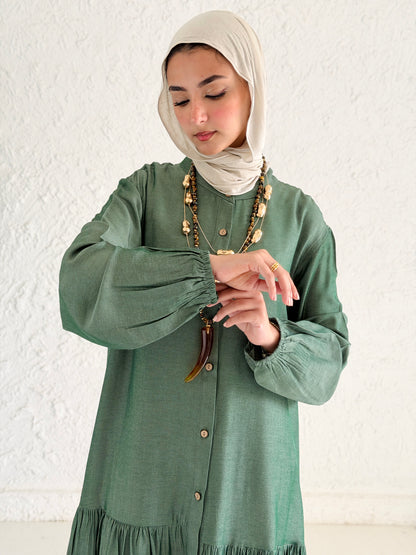 Glow Button Dress In Forest Olive