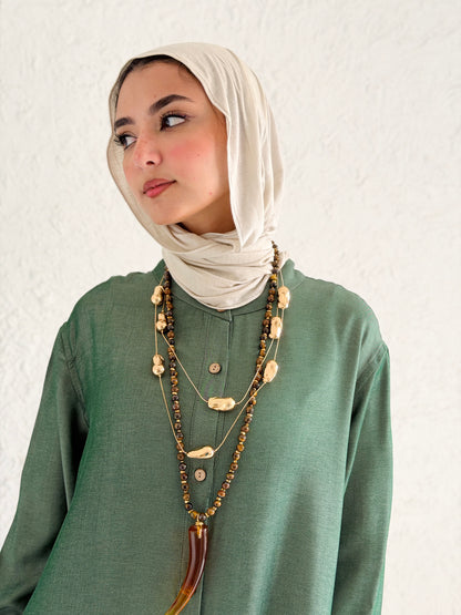 Glow Button Dress In Forest Olive
