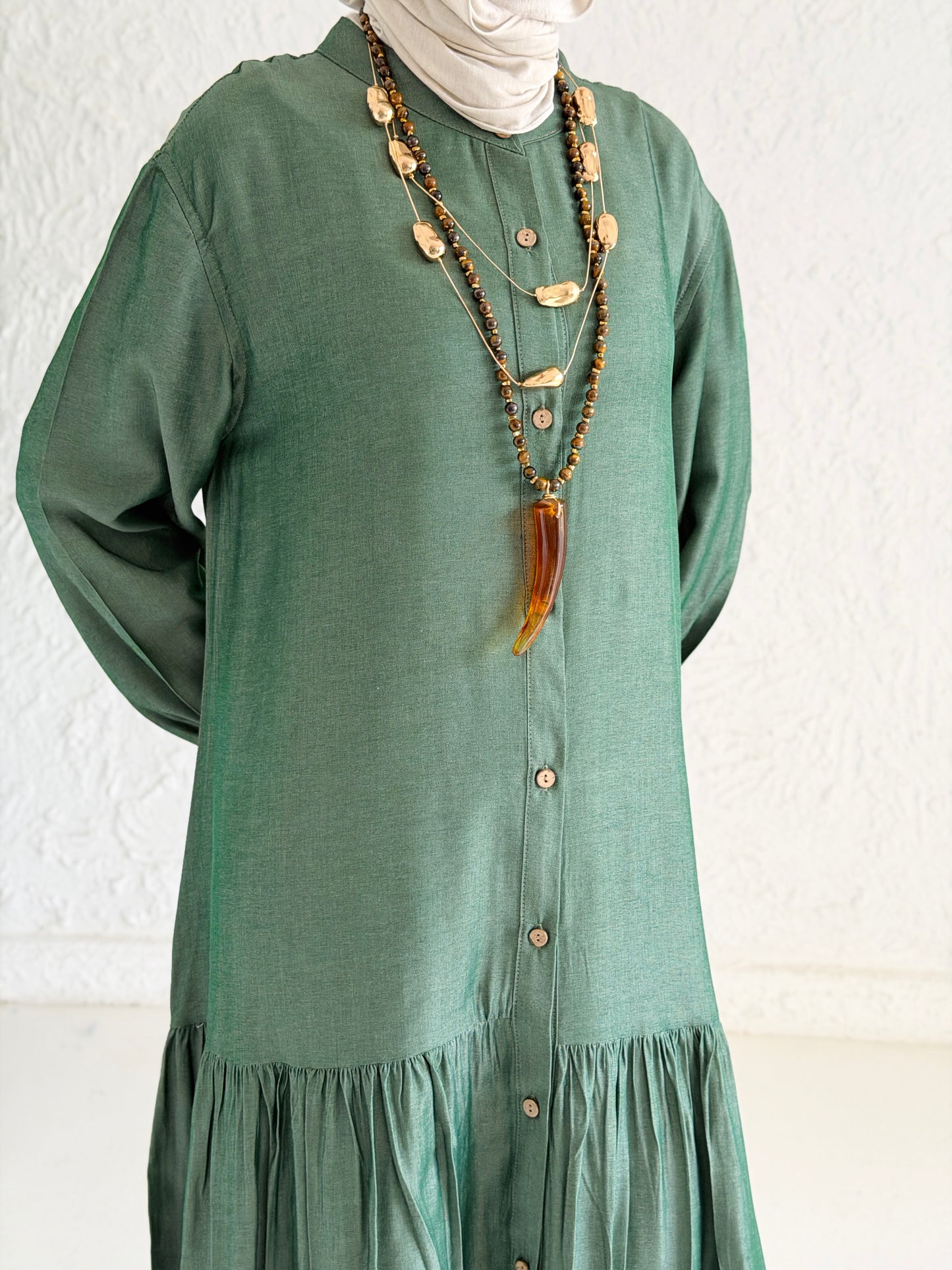 Glow Button Dress In Forest Olive