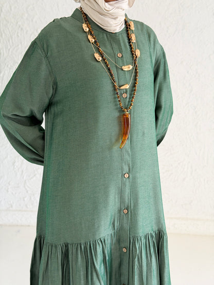 Glow Button Dress In Forest Olive