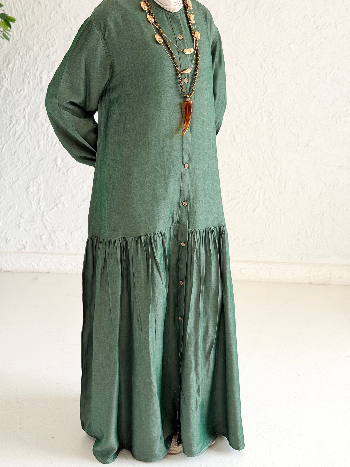 Glow Button Dress In Forest Olive