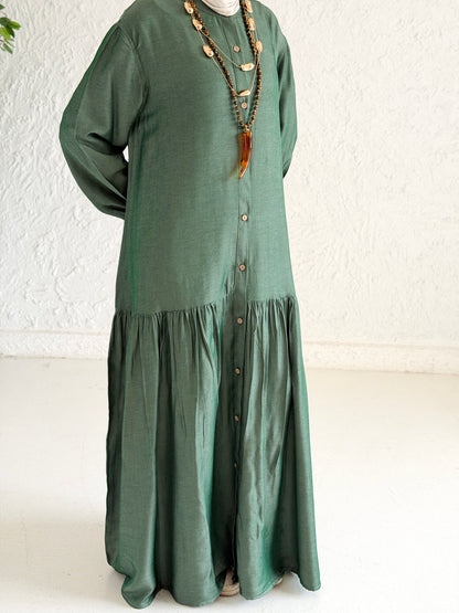 Glow Button Dress In Forest Olive
