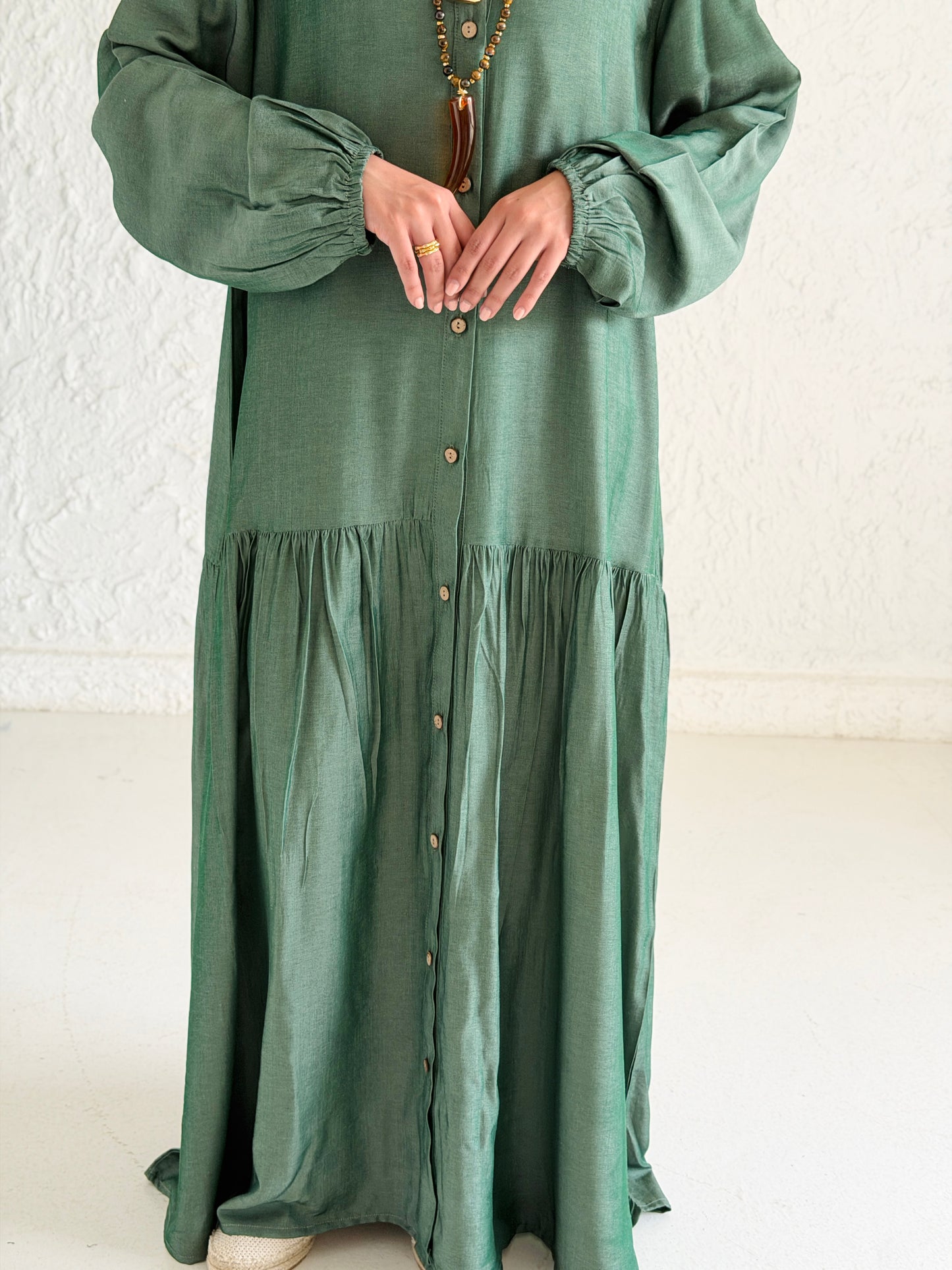 Glow Button Dress In Forest Olive