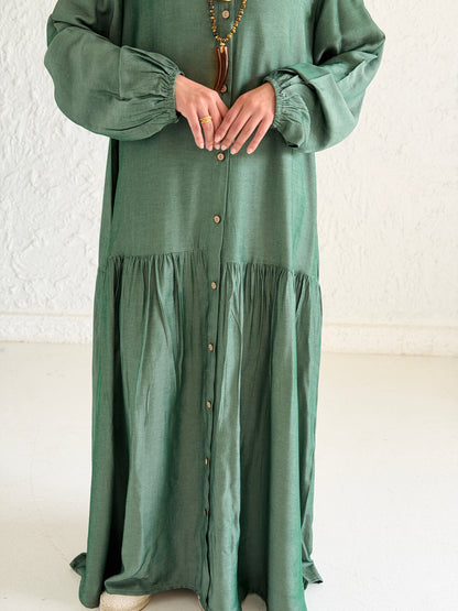 Glow Button Dress In Forest Olive