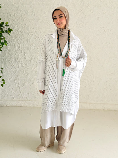 Shimmer Crochet Kimono Vest In White