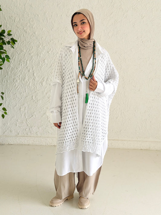 Shimmer Crochet Kimono Vest In White