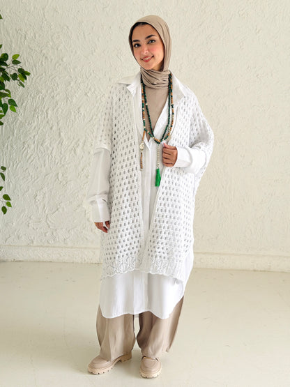 Shimmer Crochet Kimono Vest In White
