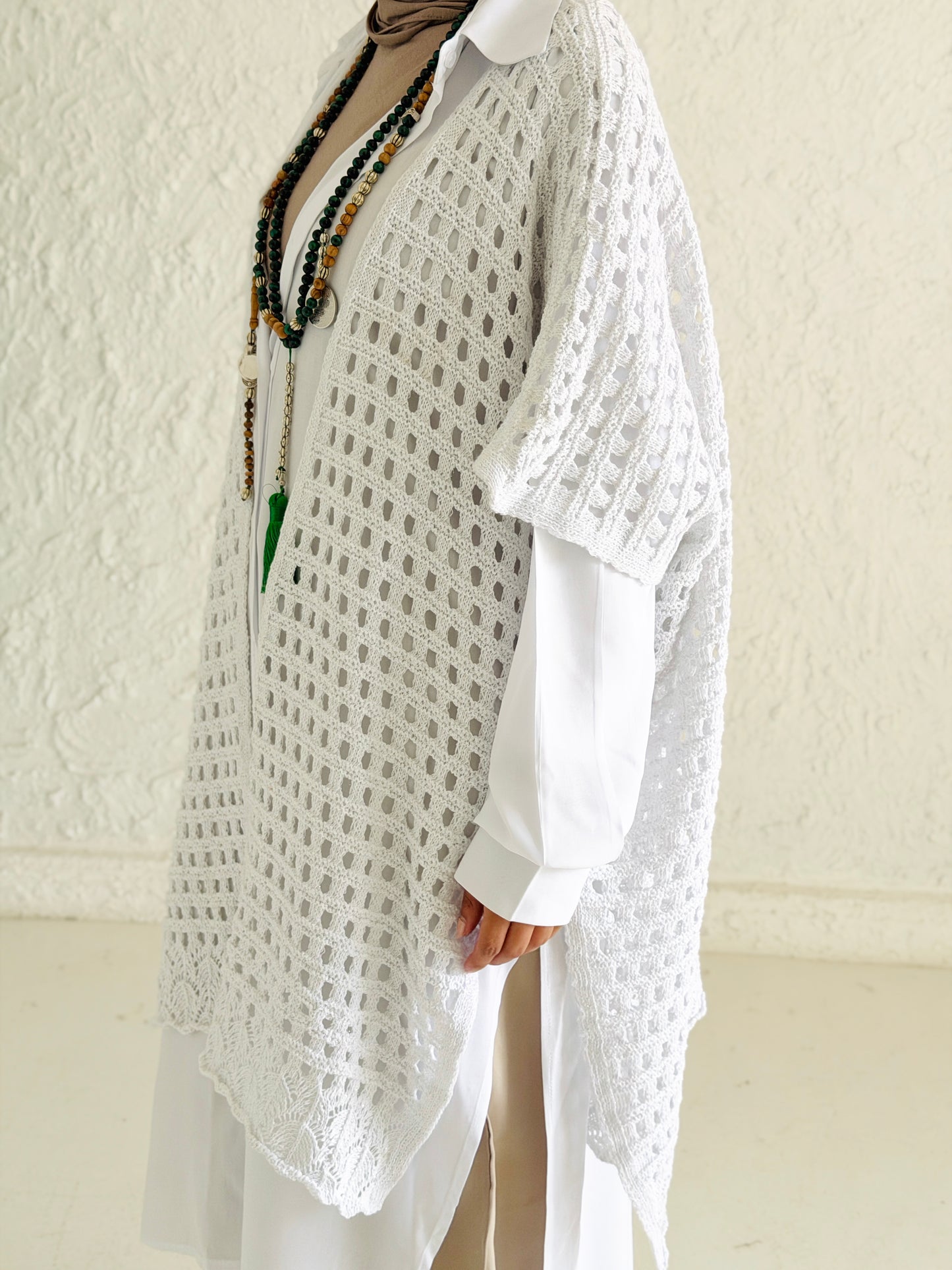 Shimmer Crochet Kimono Vest In White