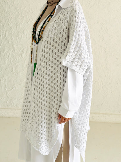Shimmer Crochet Kimono Vest In White