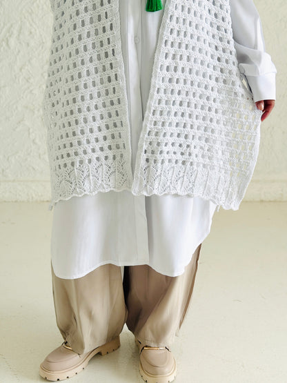 Shimmer Crochet Kimono Vest In White