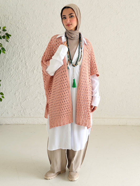 Shimmer Crochet Kimono Vest In Rose
