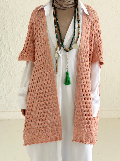 Shimmer Crochet Kimono Vest In Nude Peach
