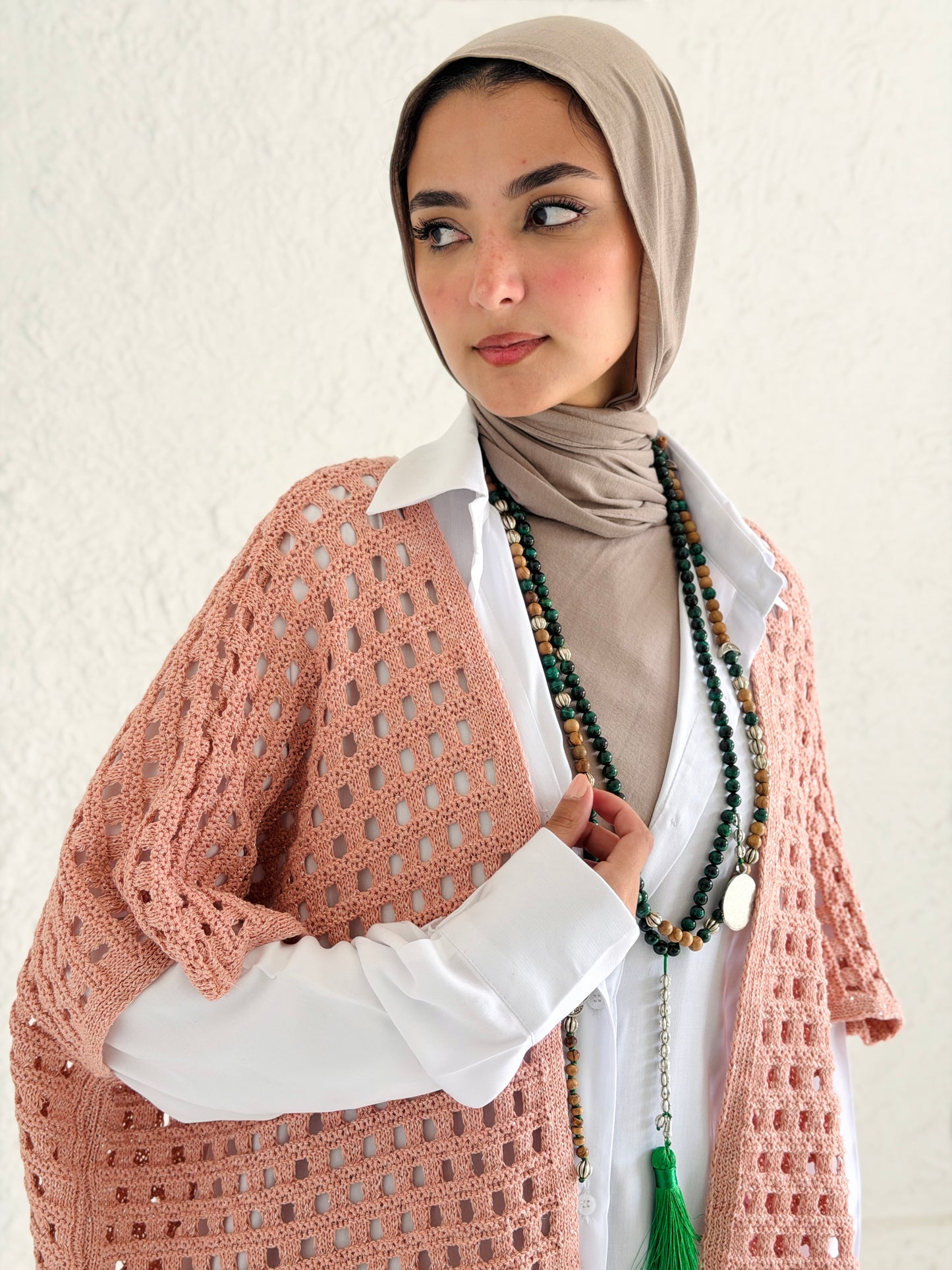 Shimmer Crochet Kimono Vest In Nude Peach