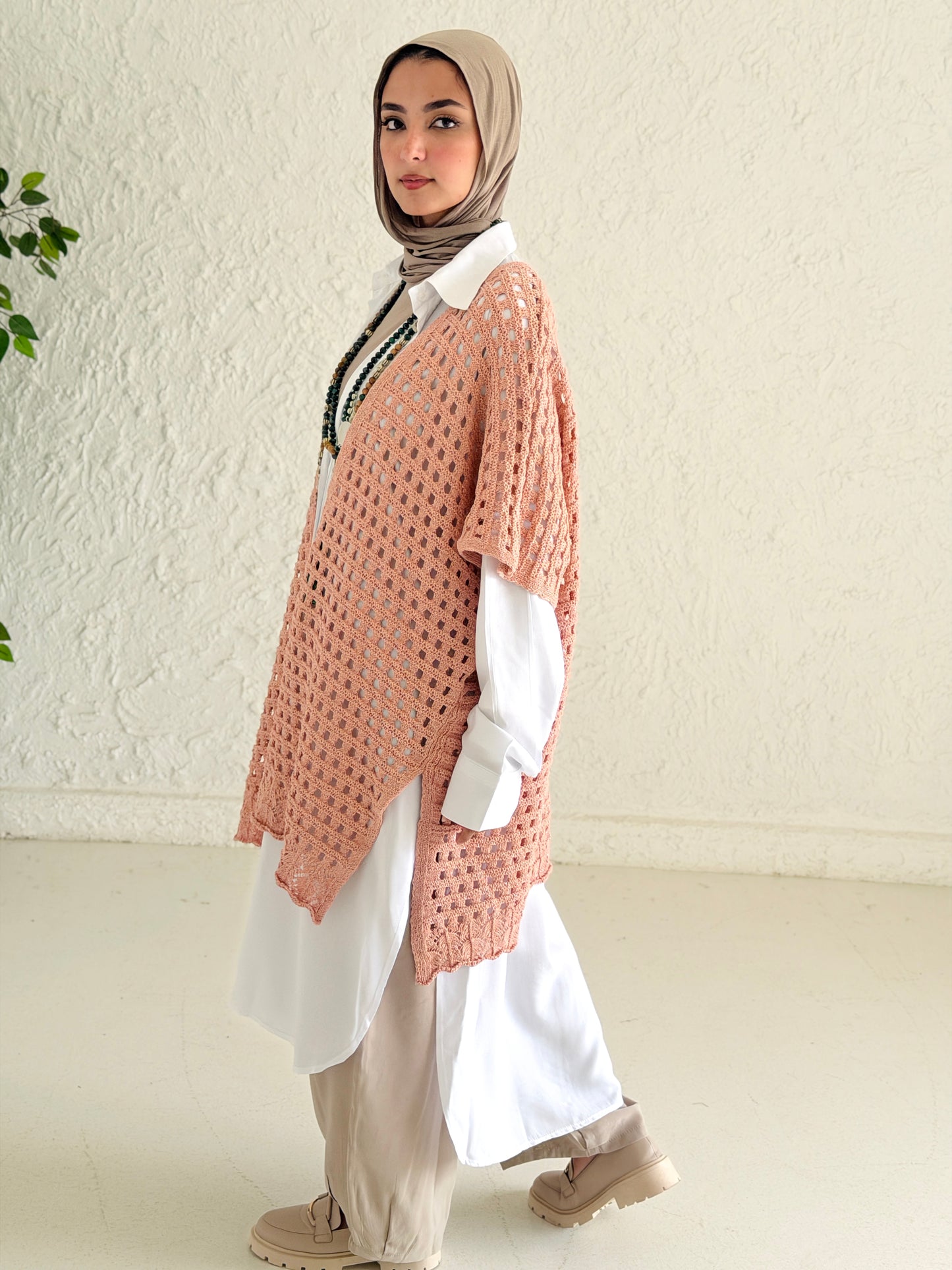 Shimmer Crochet Kimono Vest In Nude Peach