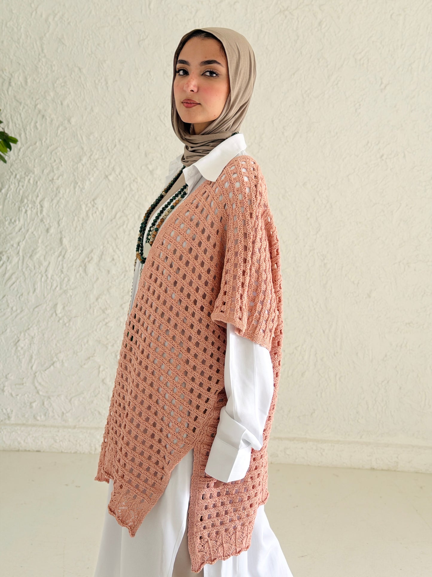 Shimmer Crochet Kimono Vest In Nude Peach