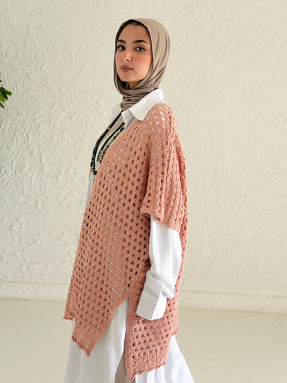 Shimmer Crochet Kimono Vest In Nude Peach