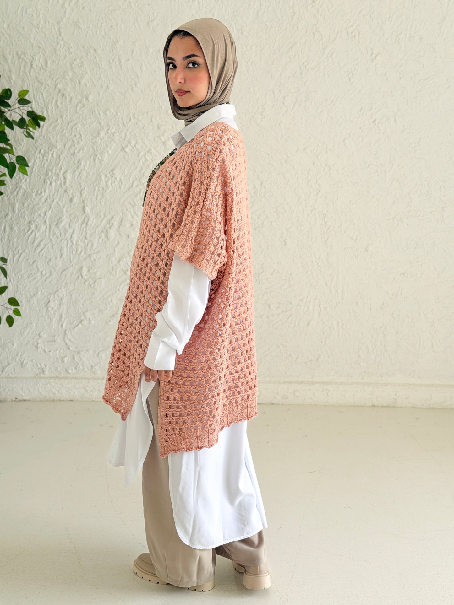 Shimmer Crochet Kimono Vest In Nude Peach