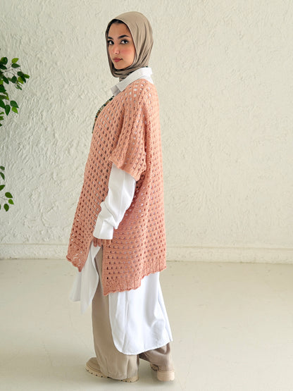 Shimmer Crochet Kimono Vest In Nude Peach