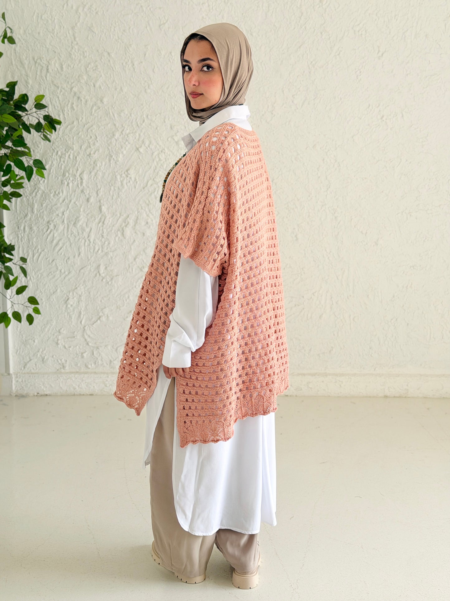 Shimmer Crochet Kimono Vest In Nude Peach