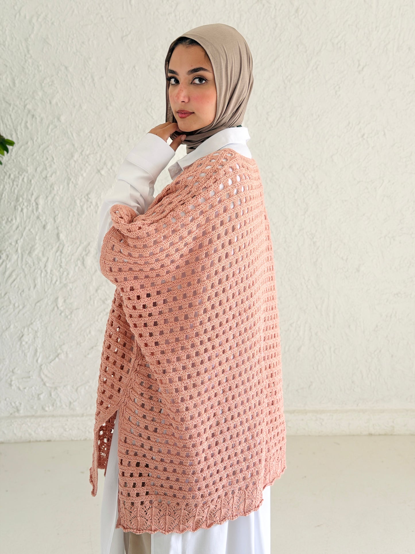 Shimmer Crochet Kimono Vest In Nude Peach