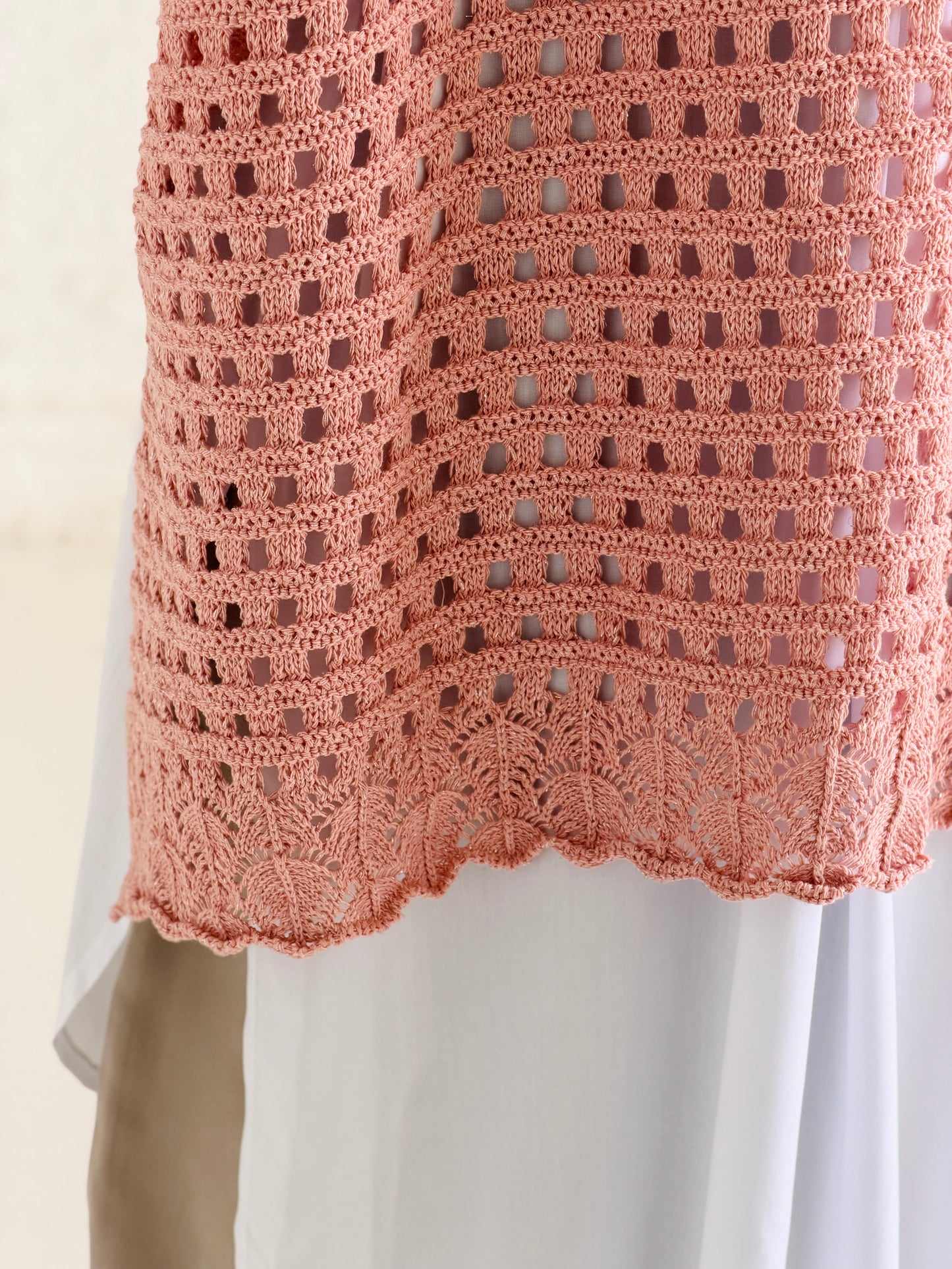 Shimmer Crochet Kimono Vest In Nude Peach