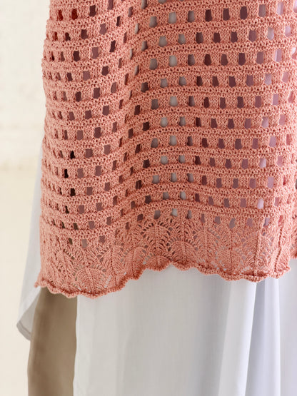Shimmer Crochet Kimono Vest In Nude Peach