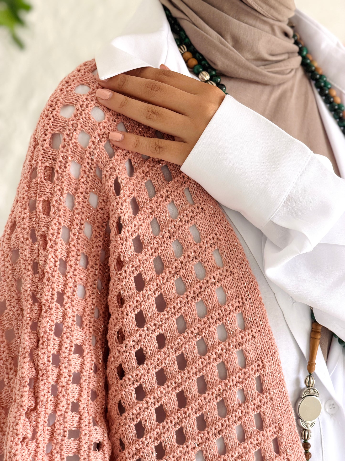 Shimmer Crochet Kimono Vest In Nude Peach