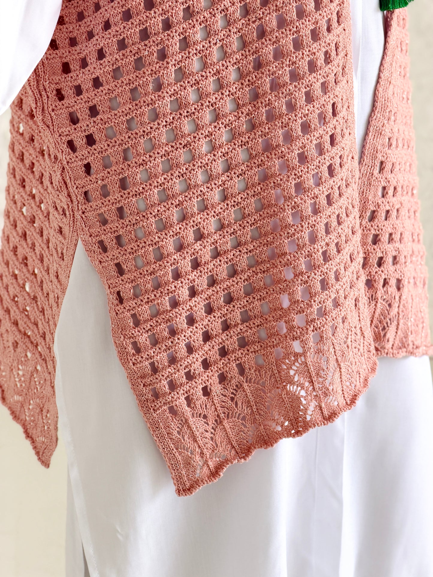 Shimmer Crochet Kimono Vest In Nude Peach