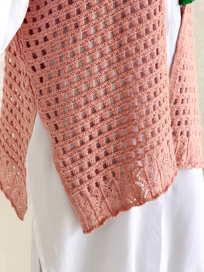 Shimmer Crochet Kimono Vest In Nude Peach