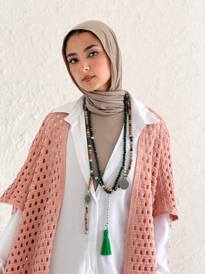 Shimmer Crochet Kimono Vest In Nude Peach