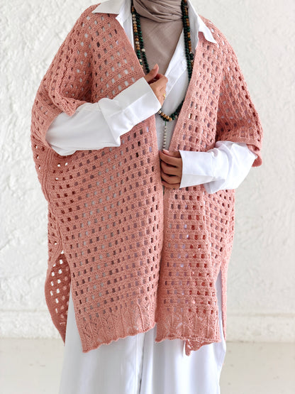 Shimmer Crochet Kimono Vest In Nude Peach