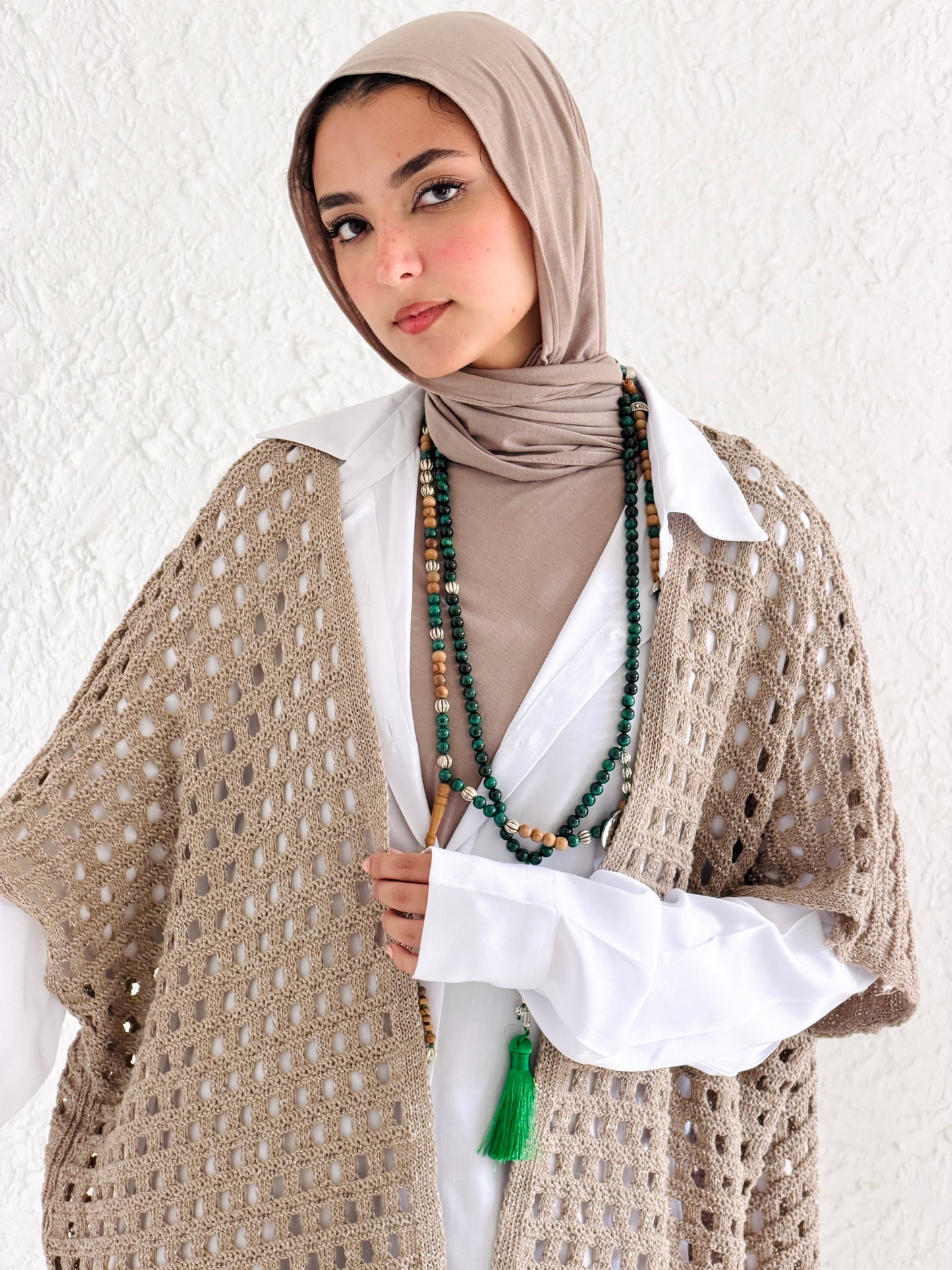 Shimmer Crochet Kimono Vest In Cafe