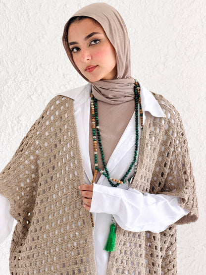 Shimmer Crochet Kimono Vest In Cafe