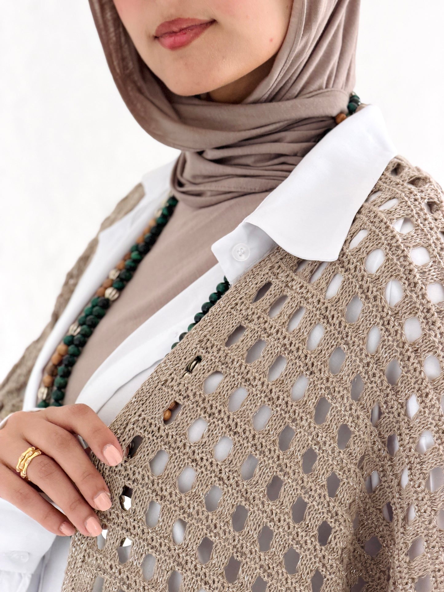 Shimmer Crochet Kimono Vest In Cafe