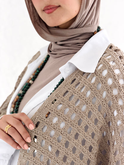 Shimmer Crochet Kimono Vest In Cafe