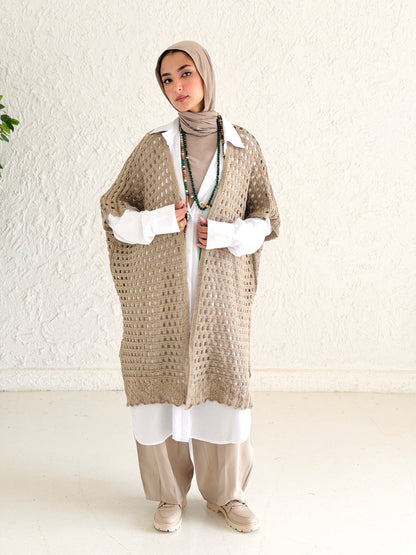 Shimmer Crochet Kimono Vest In Cafe