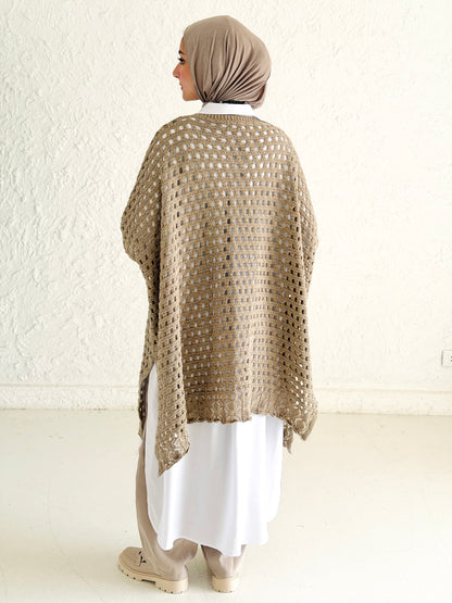 Shimmer Crochet Kimono Vest In Cafe