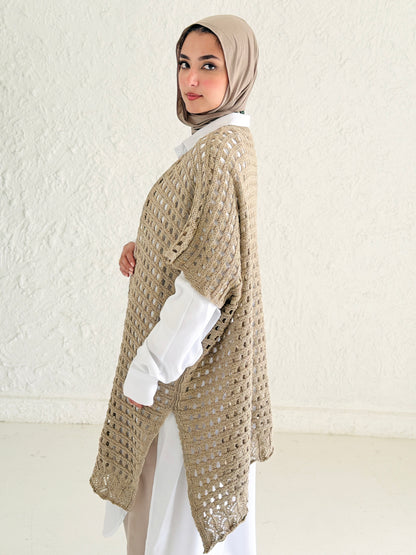Shimmer Crochet Kimono Vest In Cafe
