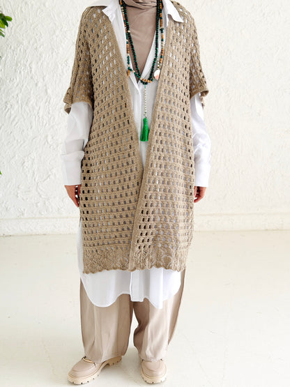 Shimmer Crochet Kimono Vest In Cafe