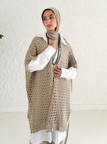 Shimmer Crochet Kimono Vest In Cafe