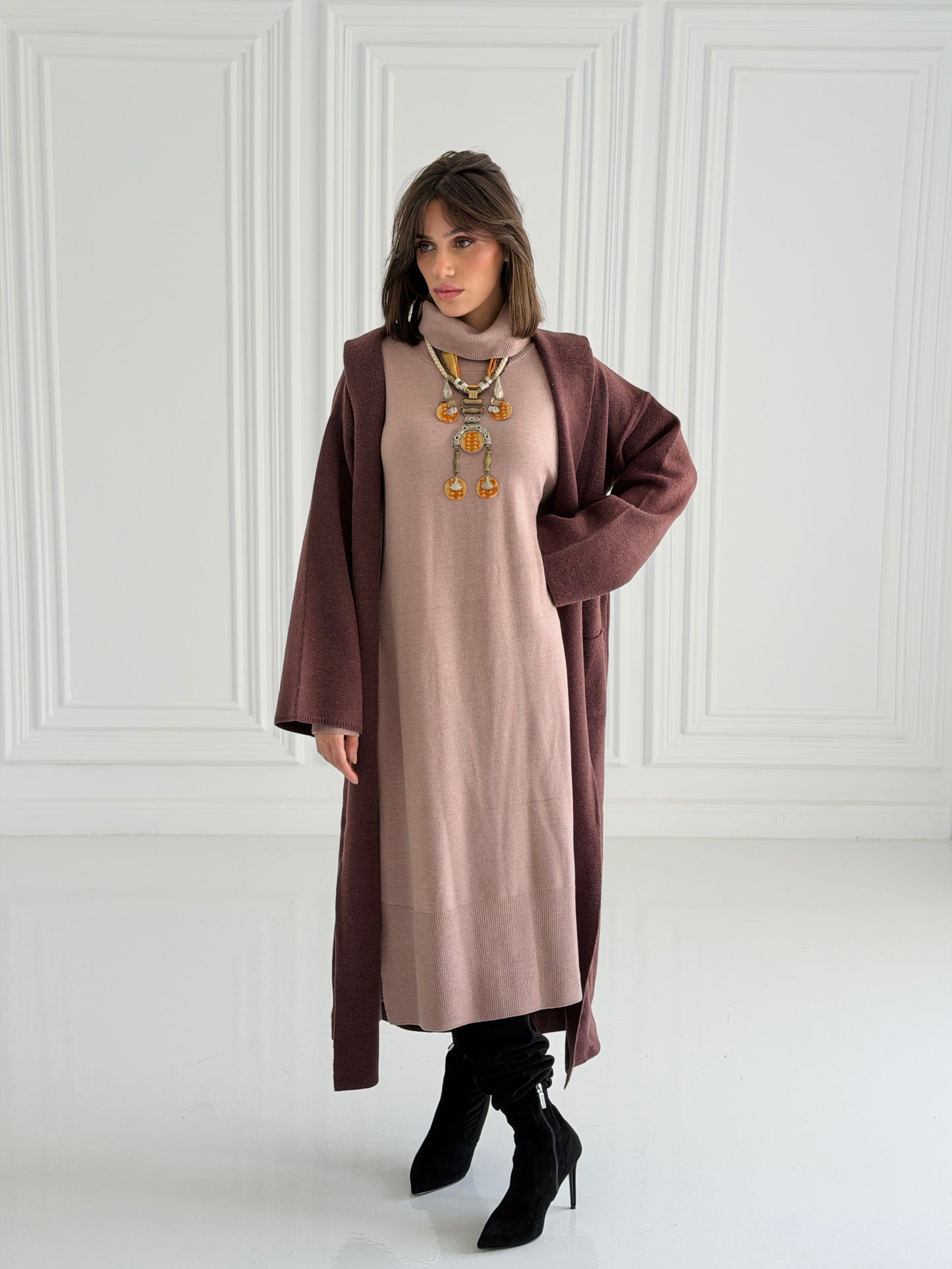 The Tranquil Knit Maxi Coat In Brown