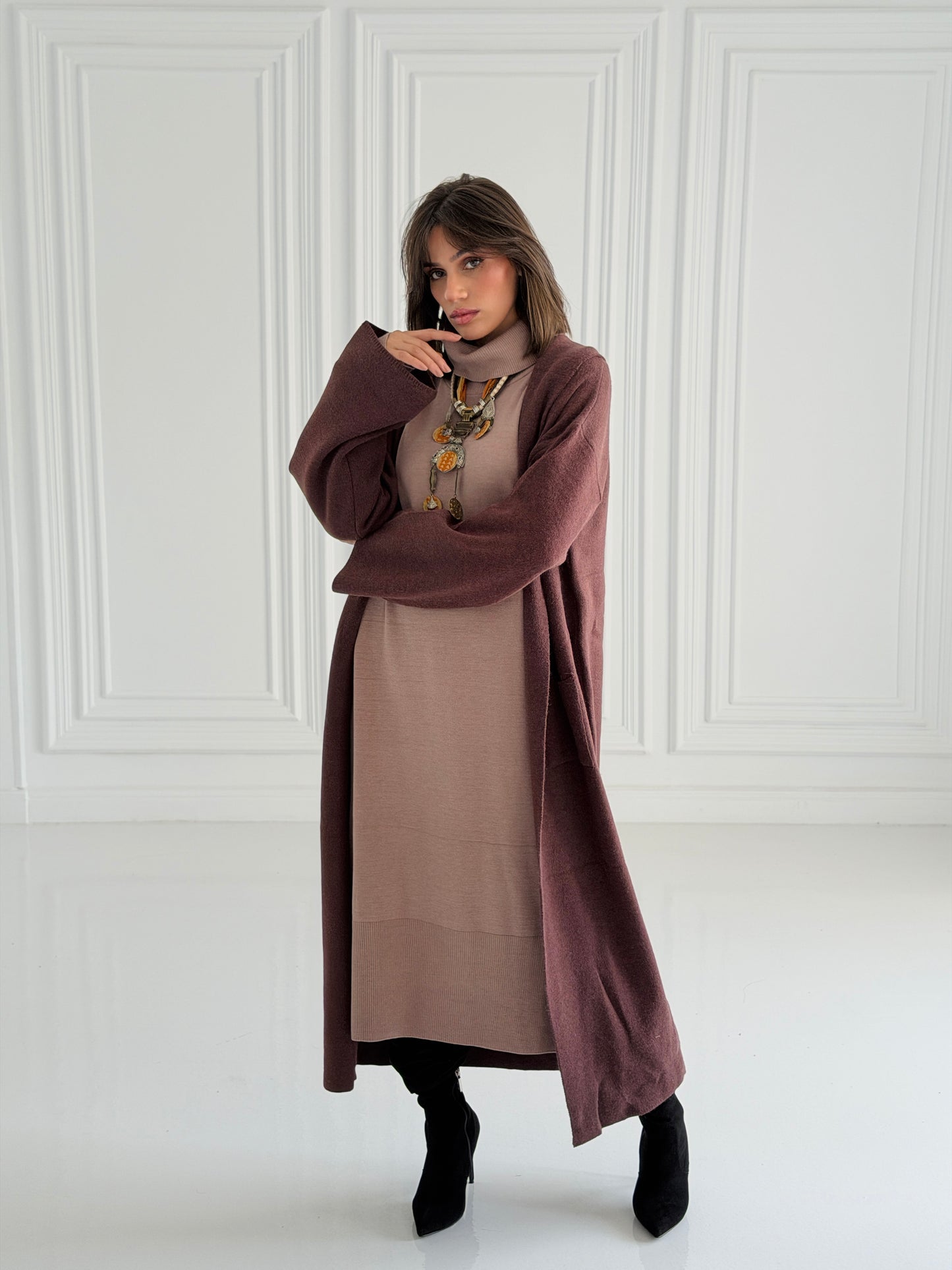 The Tranquil Knit Maxi Coat In Brown
