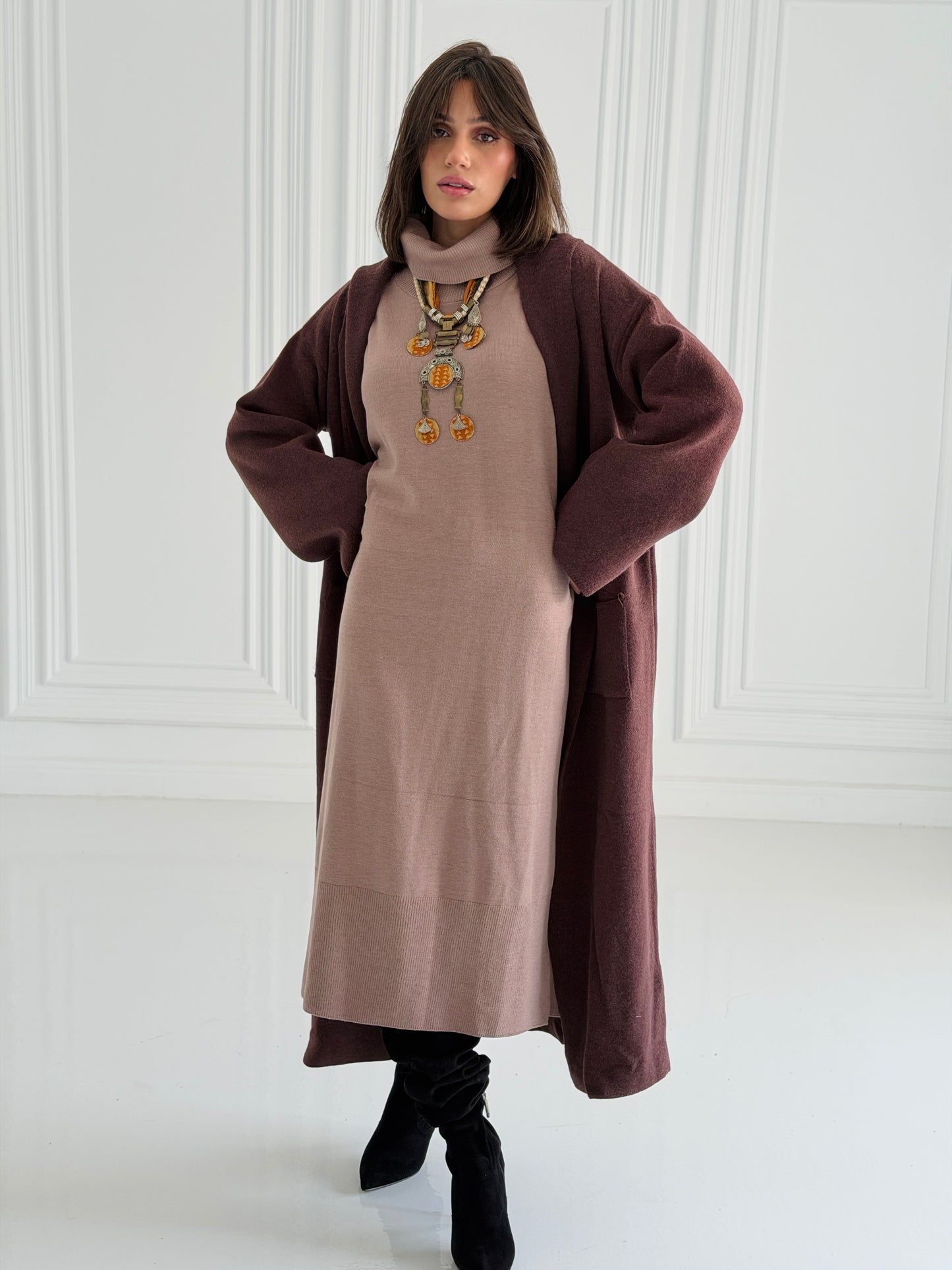 The Tranquil Knit Maxi Coat In Brown