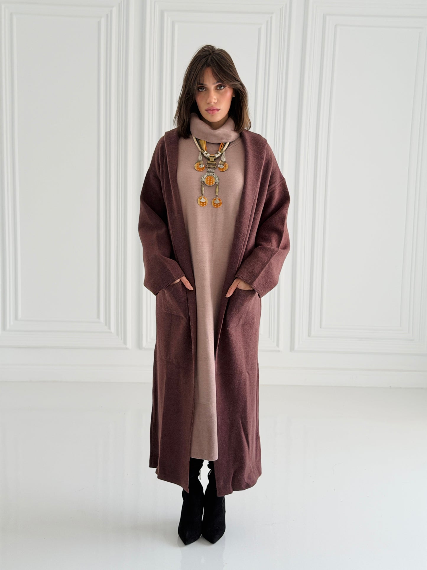 The Tranquil Knit Maxi Coat In Brown