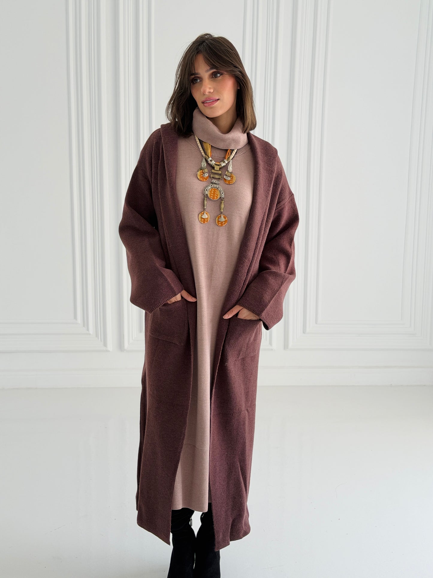 The Tranquil Knit Maxi Coat In Brown