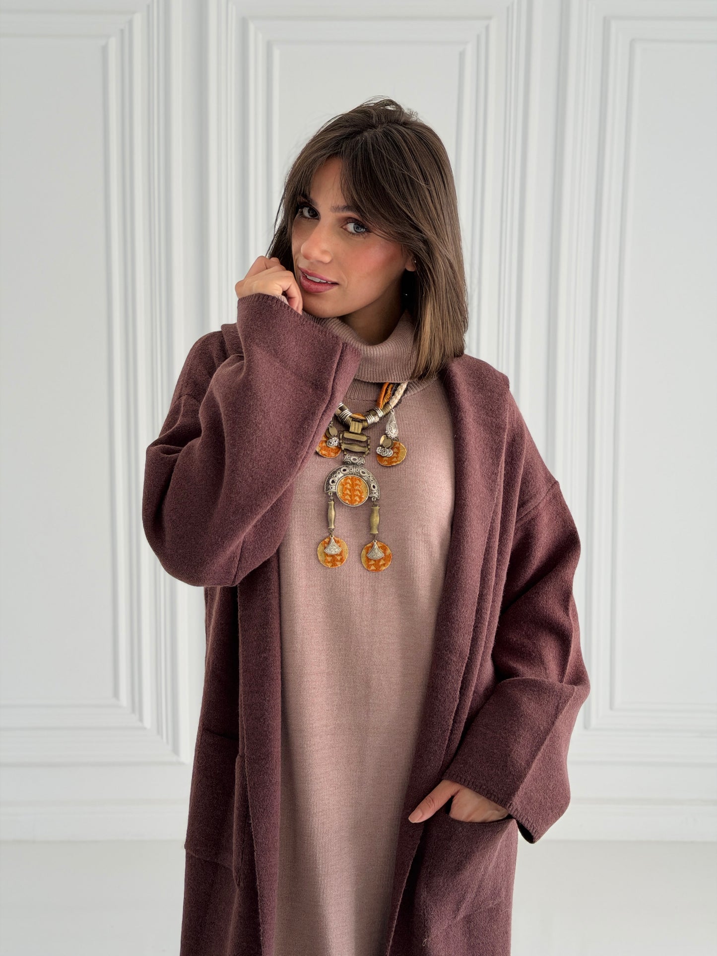 The Tranquil Knit Maxi Coat In Brown