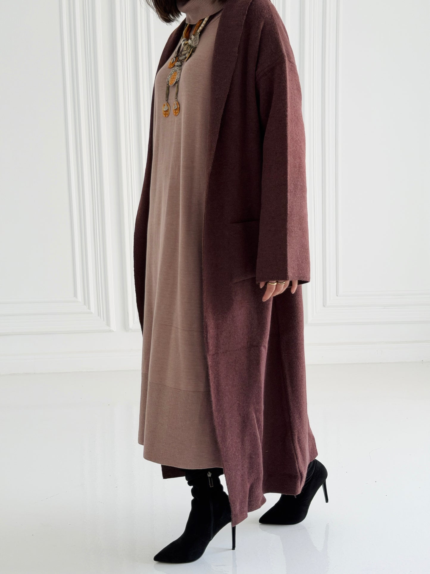 The Tranquil Knit Maxi Coat In Brown