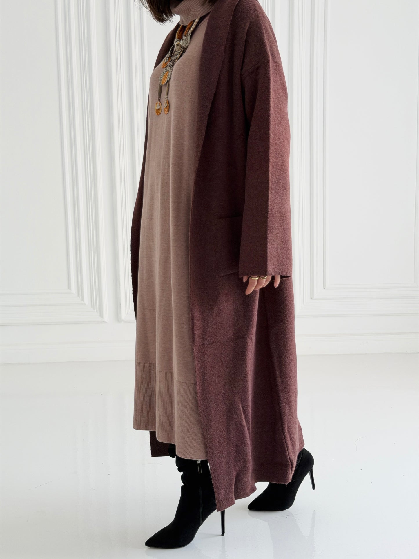 The Tranquil Knit Maxi Coat In Brown